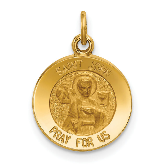 Solid Saint John Pray For Us Words Round Medal Charm Pendant in Real 14k Yellow Gold