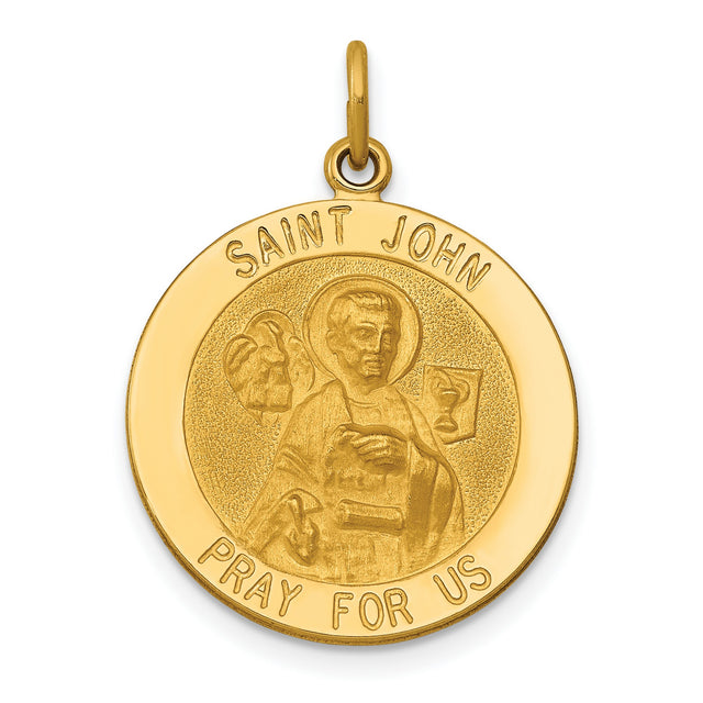 Solid Saint John Pray For Us Words Round Medal Charm Pendant in Real 14k Yellow Gold