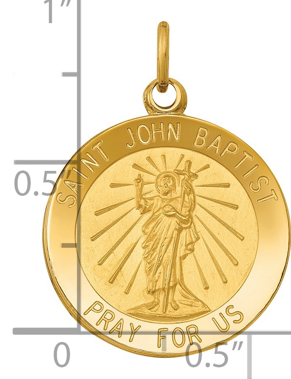 Solid Saint John Baptist Pray For Us Words Round Medal Charm Pendant in Real 14k Yellow Gold