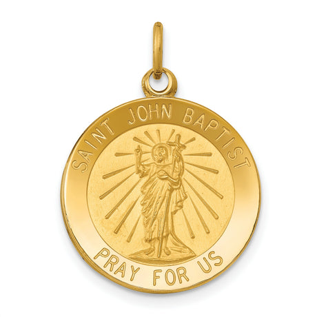 Solid Saint John Baptist Pray For Us Words Round Medal Charm Pendant in Real 14k Yellow Gold