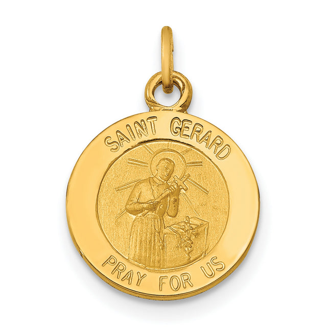 Solid Saint Gerard Pray For Us Words Round Medal Charm Pendant in Real 14k Yellow Gold