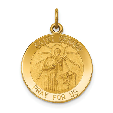 Solid Saint Gerard Pray For Us Words Round Medal Charm Pendant in Real 14k Yellow Gold