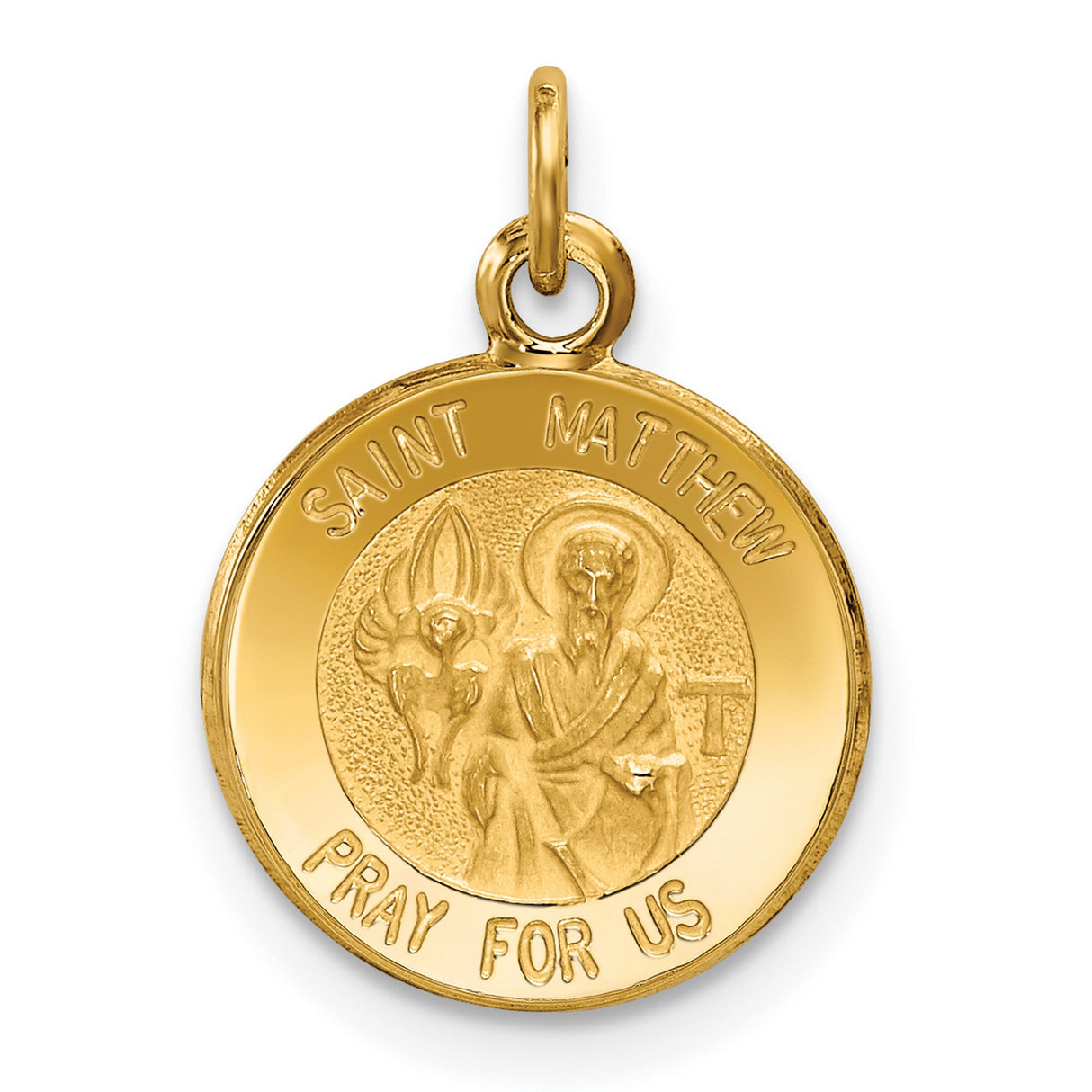 Solid Saint Matthew Pray For Us Words Round Medal Charm Pendant in Real 14k Yellow Gold