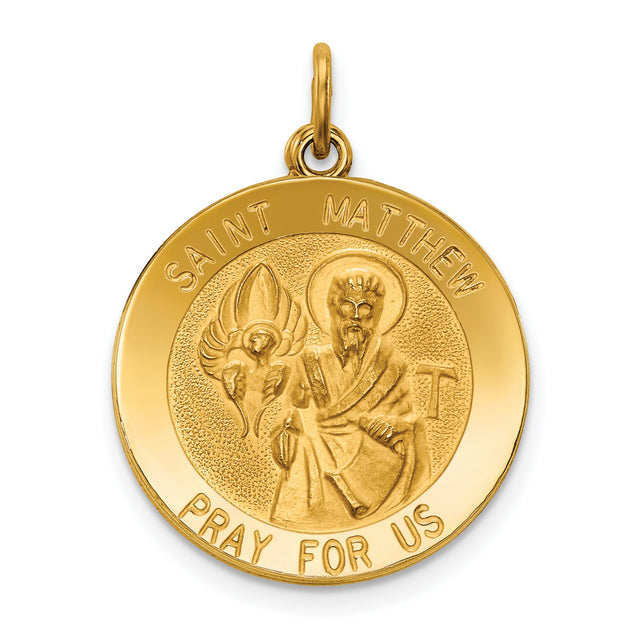 Solid Saint Matthew Pray For Us Words Medal Charm Pendant in Real 14k Yellow Gold