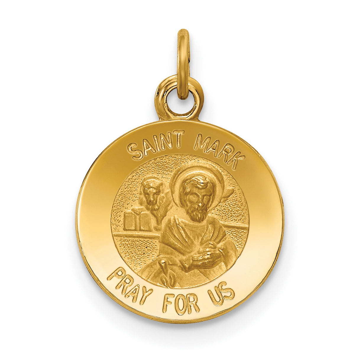 Solid Saint Mark Pray For Us Words Round Medal Charm Pendant in Real 14k Yellow Gold