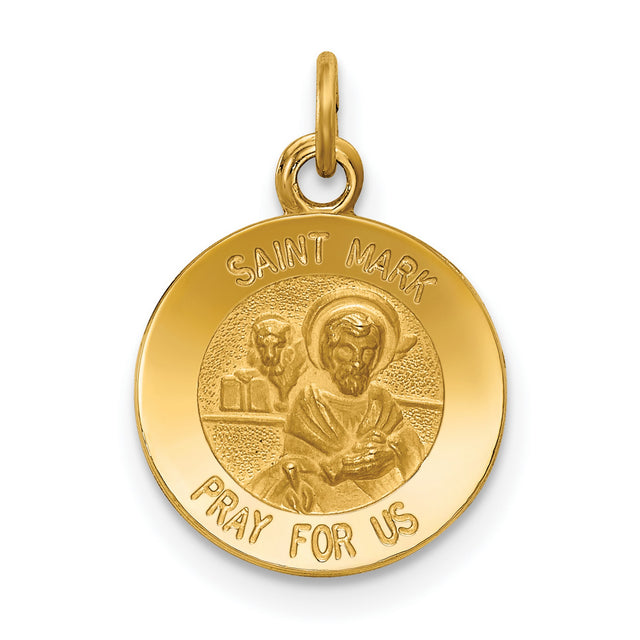 Solid Saint Mark Pray For Us Words Round Medal Charm Pendant in Real 14k Yellow Gold