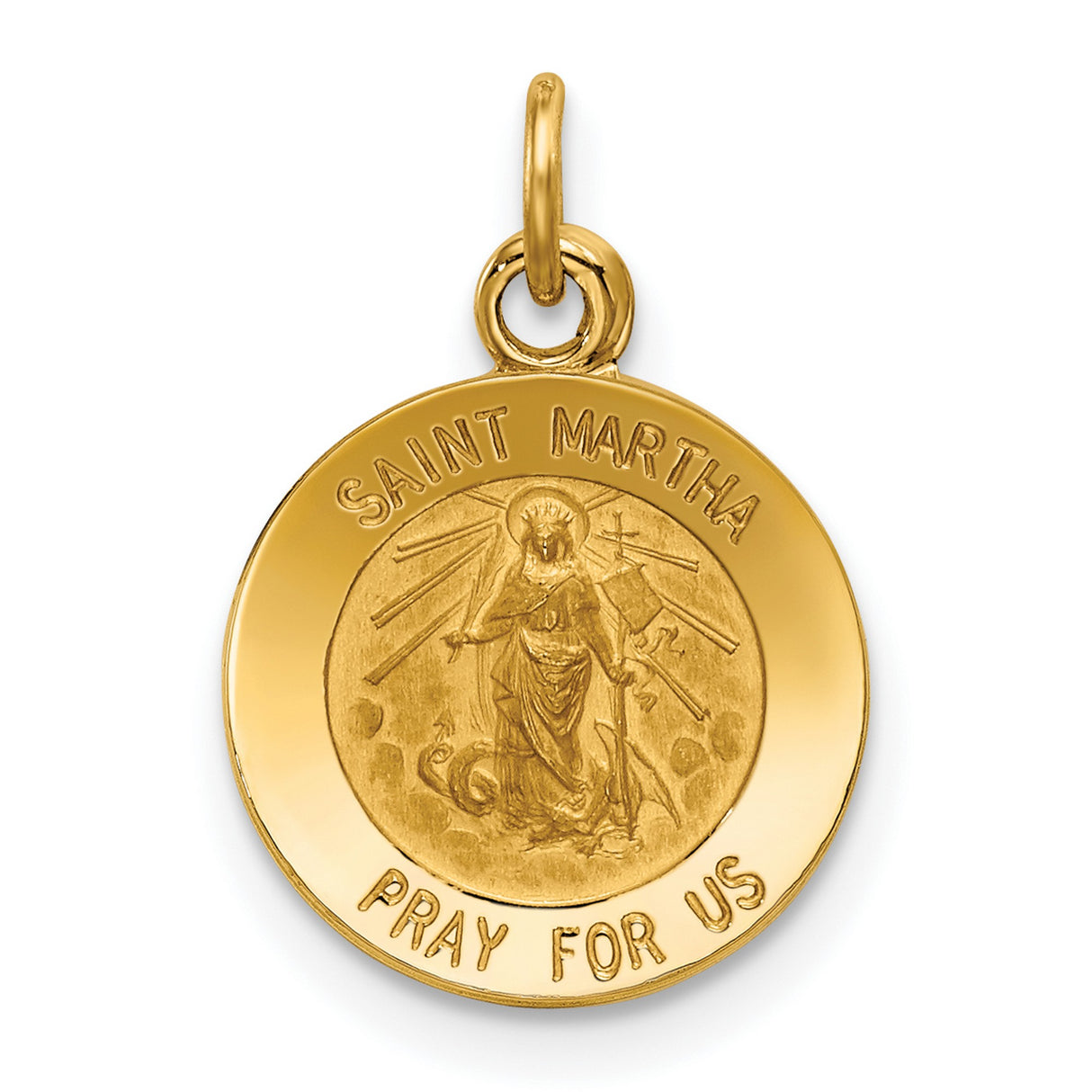 Saint Martha Pray For Us Words Round Medal Charm Pendant in Real 14k Yellow Gold