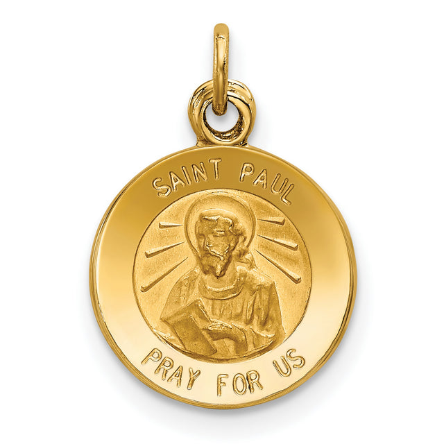 Solid Saint Paul Pray For Us Words Round Medal Charm Pendant in Real 14k Yellow Gold