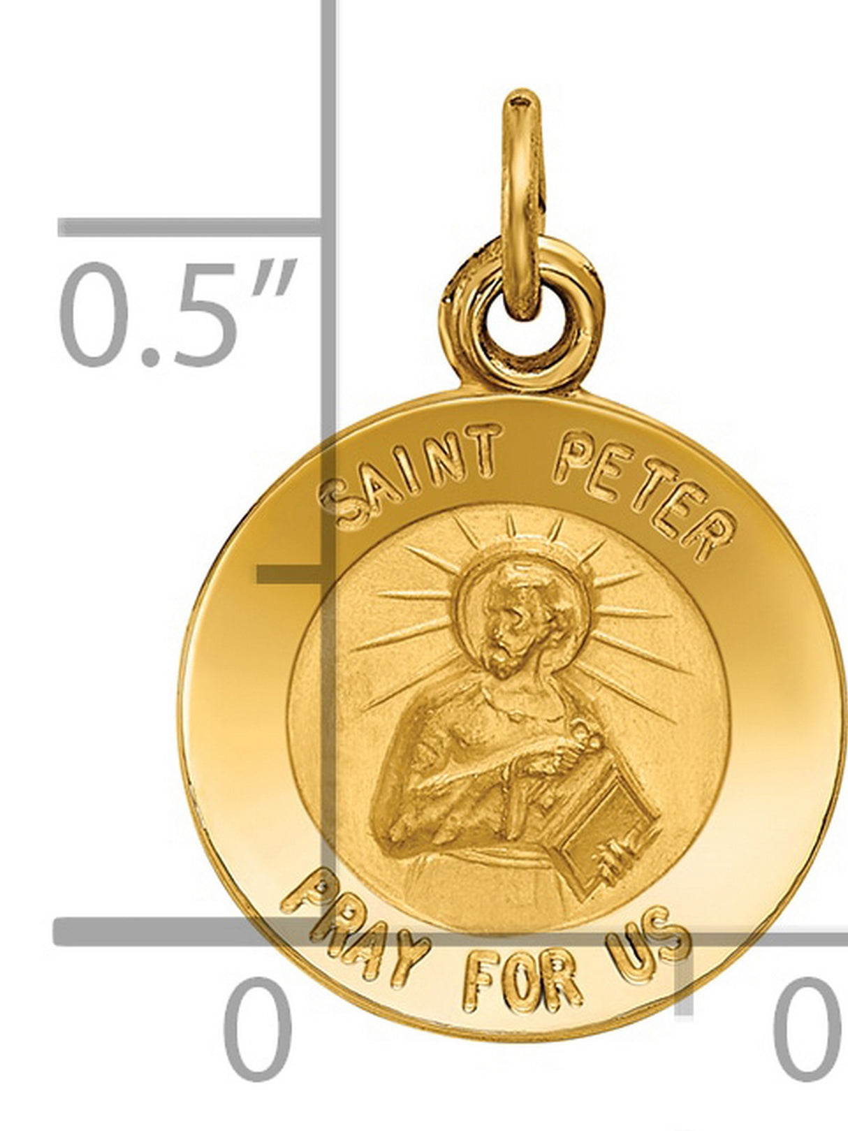 Solid Saint Peter Pray For Us Words Round Medal Charm Pendant in Real 14k Yellow Gold