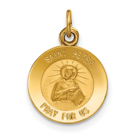 Solid Saint Peter Pray For Us Words Round Medal Charm Pendant in Real 14k Yellow Gold