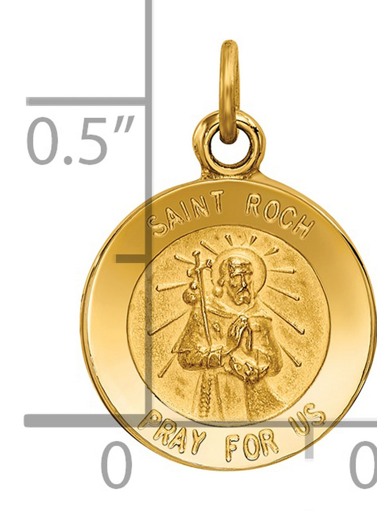 Saint Roch Pray For Us Words Round Medal Charm Pendant in Real 14k Yellow Gold