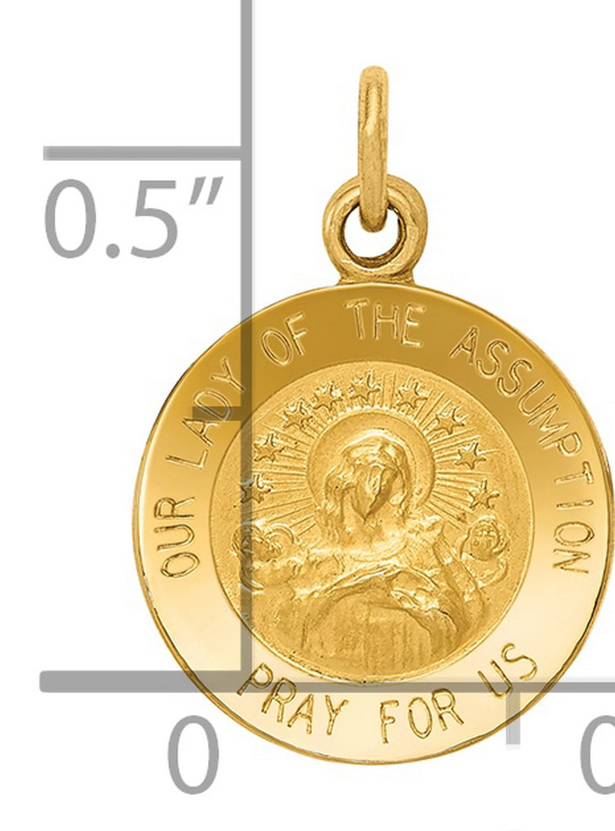 Our Lady Of The Assumption Pray For Us Words Round Charm Pendant in Real 14k Yellow Gold