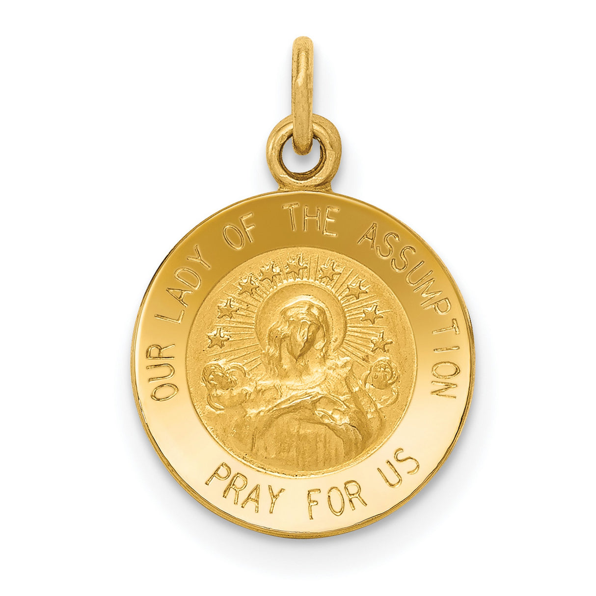 Our Lady Of The Assumption Pray For Us Words Round Charm Pendant in Real 14k Yellow Gold