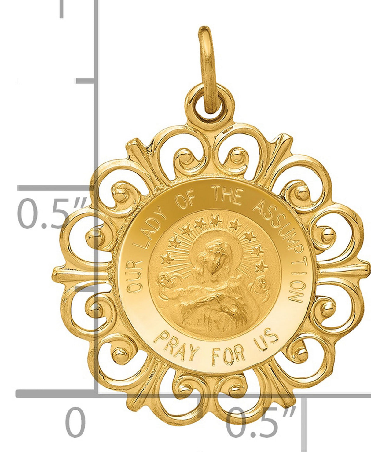 Our Lady Of The Assumption Pray For Us Words Round Charm Pendant in Real 14k Yellow Gold