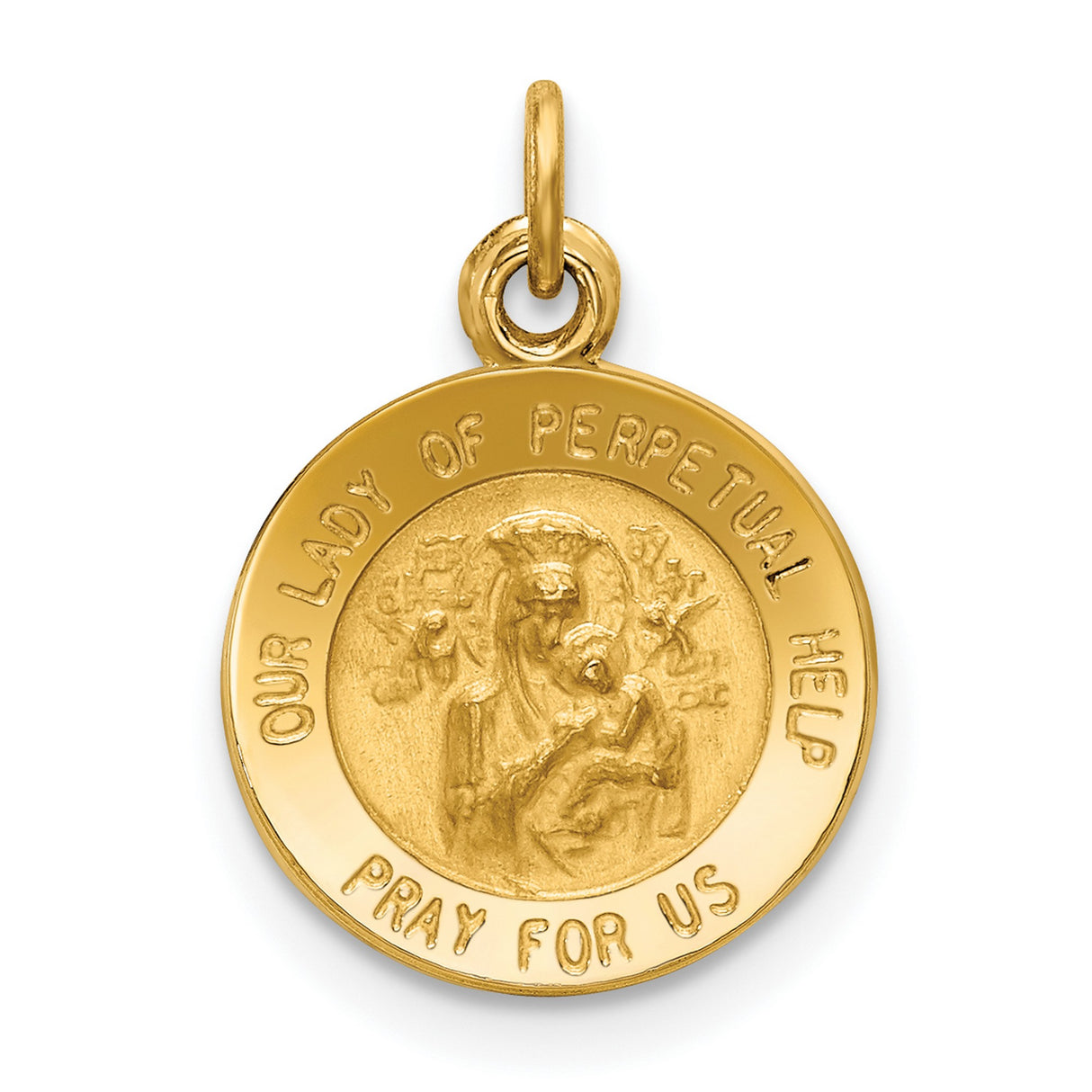 Our Lady of Perpetual Help Pray For Us Words Round Charm Pendant in Real 14k Yellow Gold