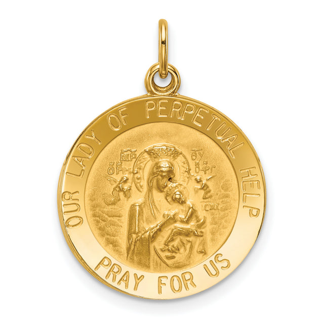 Our Lady of Perpetual Help Pray For Us Words Round Charm Pendant in Real 14k Yellow Gold