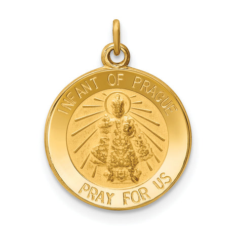 Infant of Prague Pray For Us Words Round Medal Charm Pendant in Real 14k Yellow Gold