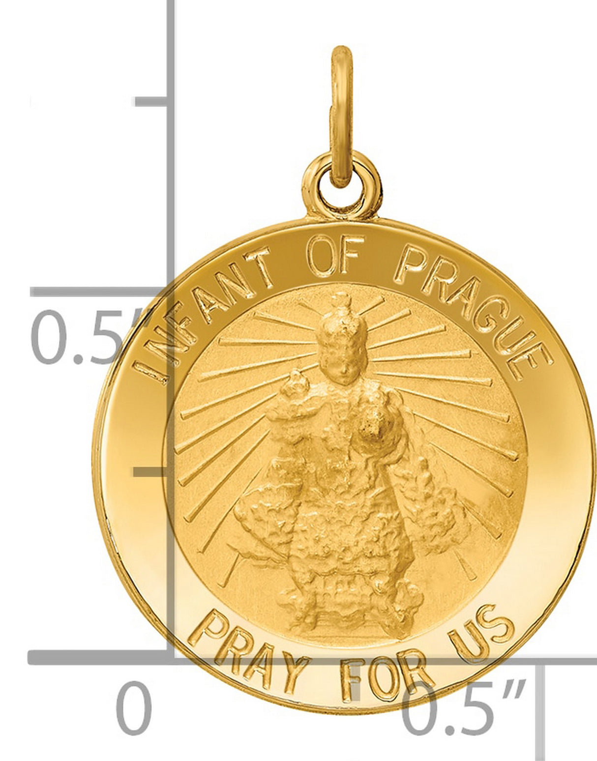 Infant of Prague Pray For Us Words Round Medal Charm Pendant in Real 14k Yellow Gold