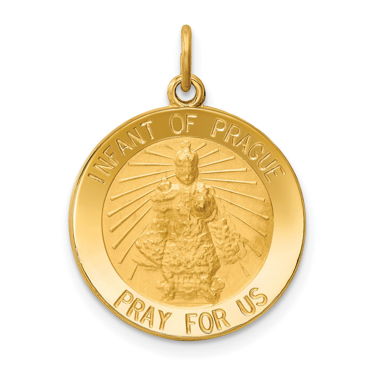 Infant of Prague Pray For Us Words Round Medal Charm Pendant in Real 14k Yellow Gold