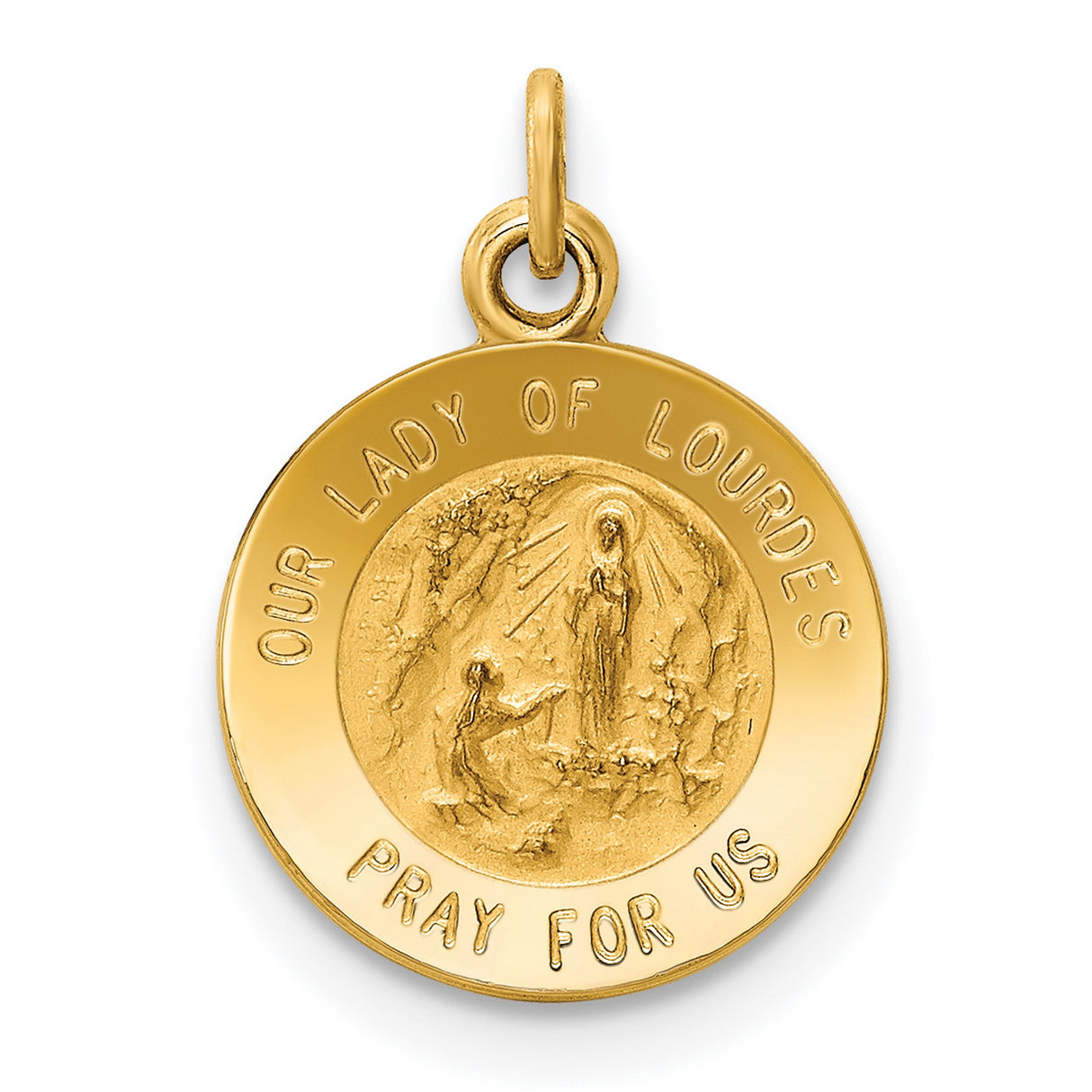 Our Lady of Lourdes Pray For Us Words Round Medal Charm Pendant in Real 14k Yellow Gold