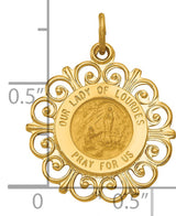 Our Lady of Lourdes Pray For Us Words Round Medal Charm Pendant in Real 14k Yellow Gold