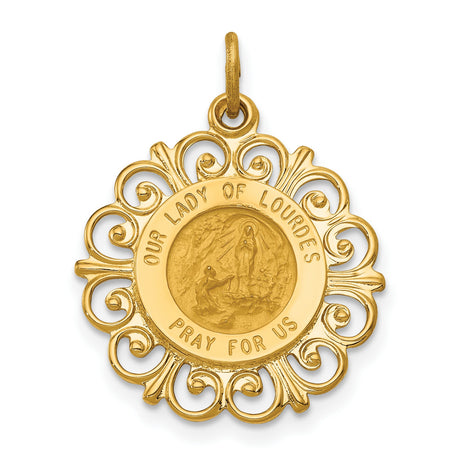 Our Lady of Lourdes Pray For Us Words Round Medal Charm Pendant in Real 14k Yellow Gold