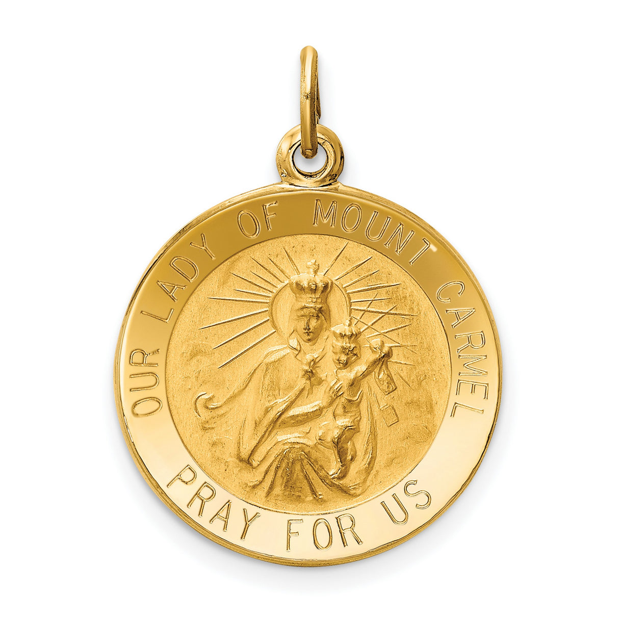 Our Lady of Mount Carmel Pray For Us Words Round Charm Pendant in Real 14k Yellow Gold