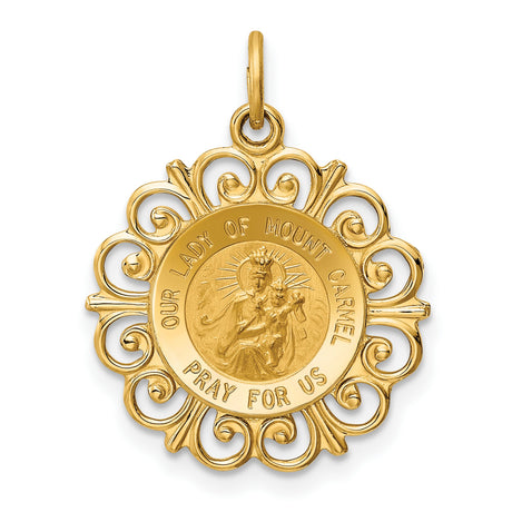 Our Lady of Mount Carmel Pray For Us Words Round Charm Pendant in Real 14k Yellow Gold