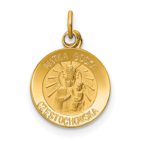 Solid Matka Boska Czestochowska Words Round Medal Charm Pendant in Real 14k Yellow Gold