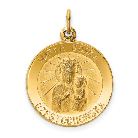 Solid Matka Boska Czestochowska Words Round Medal Charm Pendant in Real 14k Yellow Gold