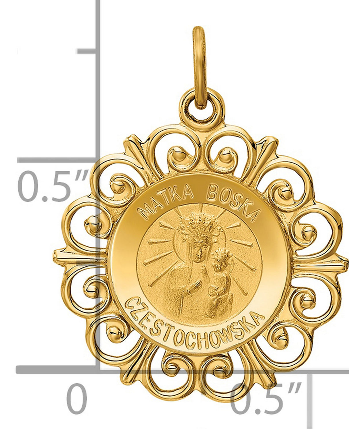 Matka Boska Czestochowska Words Round Medal with Ornate Border Charm Pendant in Real 14k Yellow Gold