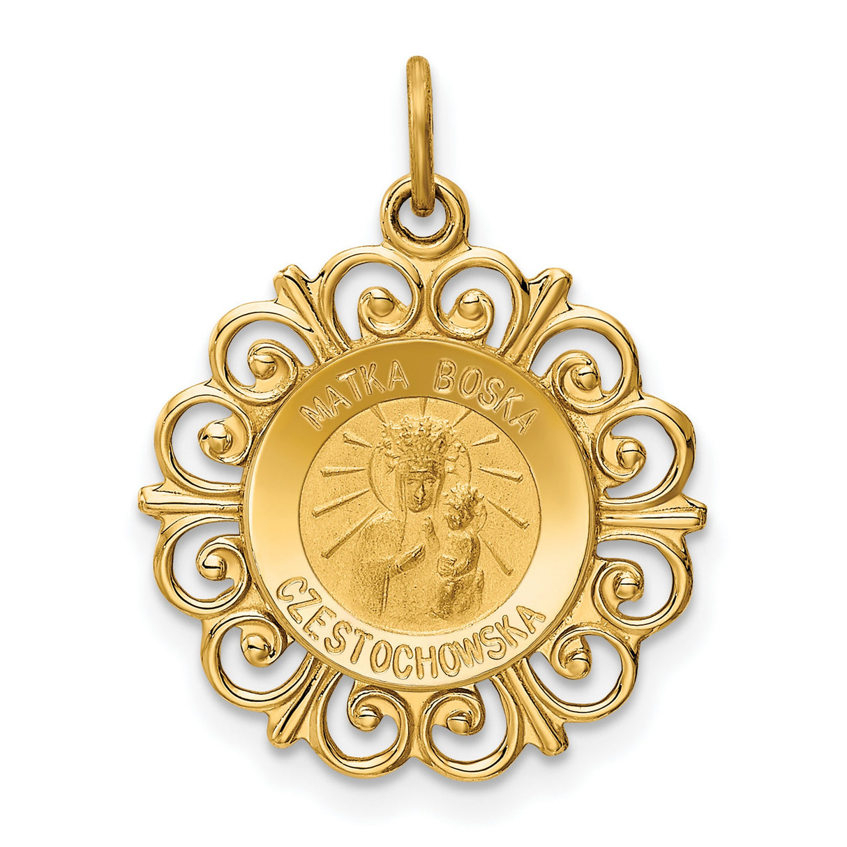 Matka Boska Czestochowska Words Round Medal with Ornate Border Charm Pendant in Real 14k Yellow Gold