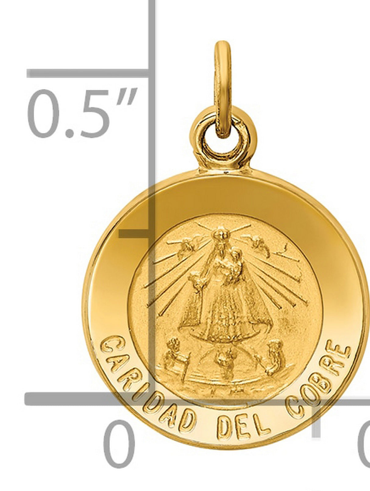 Solid Caridad Del Cobre Words Round Charm Pendant in Real 14k Yellow Gold