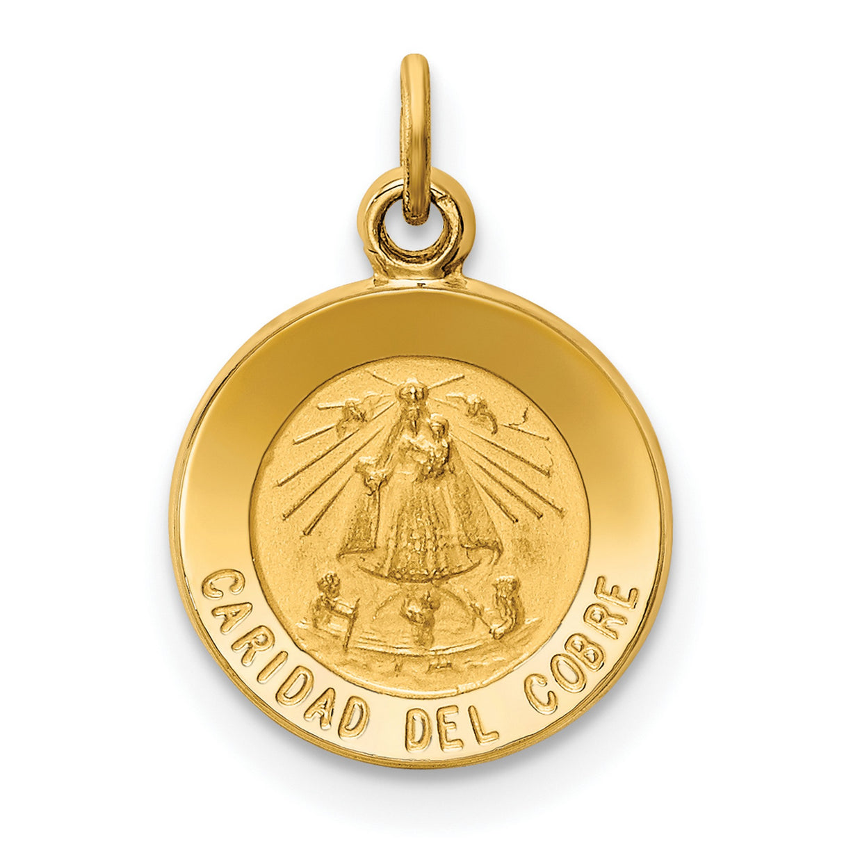 Solid Caridad Del Cobre Words Round Charm Pendant in Real 14k Yellow Gold