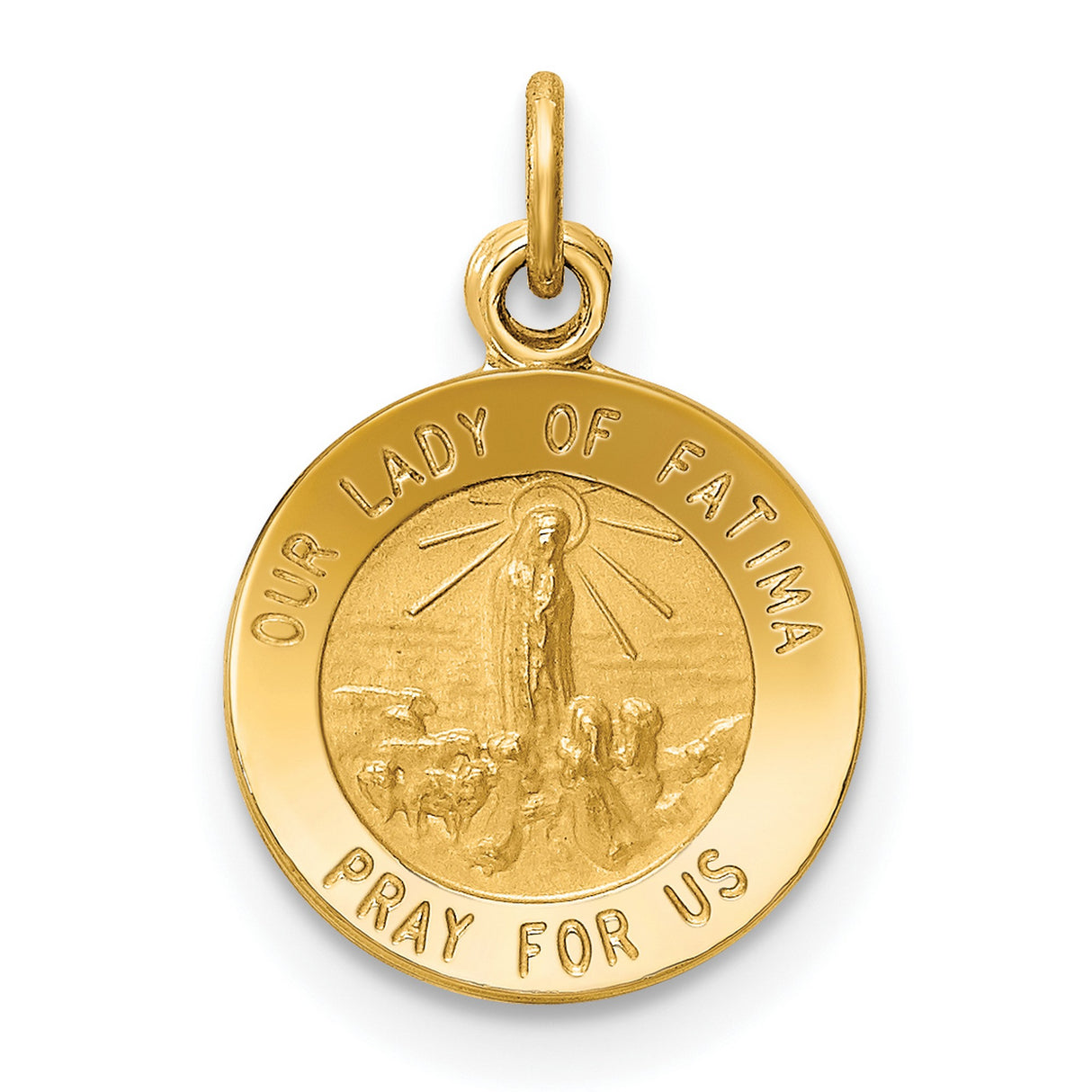 Our Lady of Fatima Pray For Us Words Round Medal Charm Pendant in Real 14k Yellow Gold