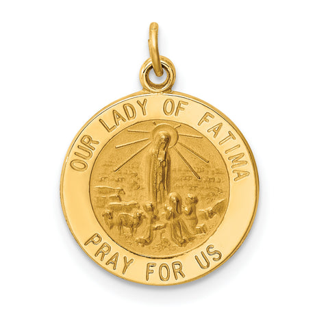 Our Lady of Fatima Pray For Us Words Round Medal Charm Pendant in Real 14k Yellow Gold