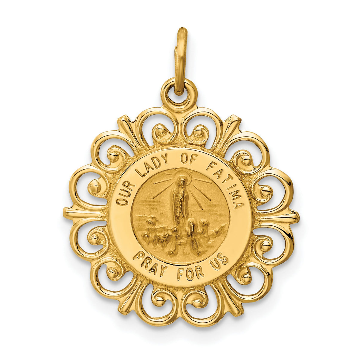 Our Lady of Fatima Pray For Us Words Round Medal Charm Pendant in Real 14k Yellow Gold