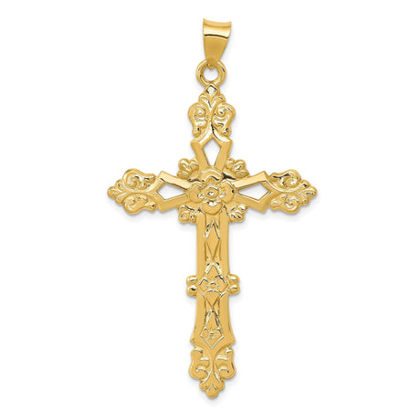 14k Yellow Gold Cross Pendant with Floral Scrollwork Design, Christian Religious Jewelry for Women