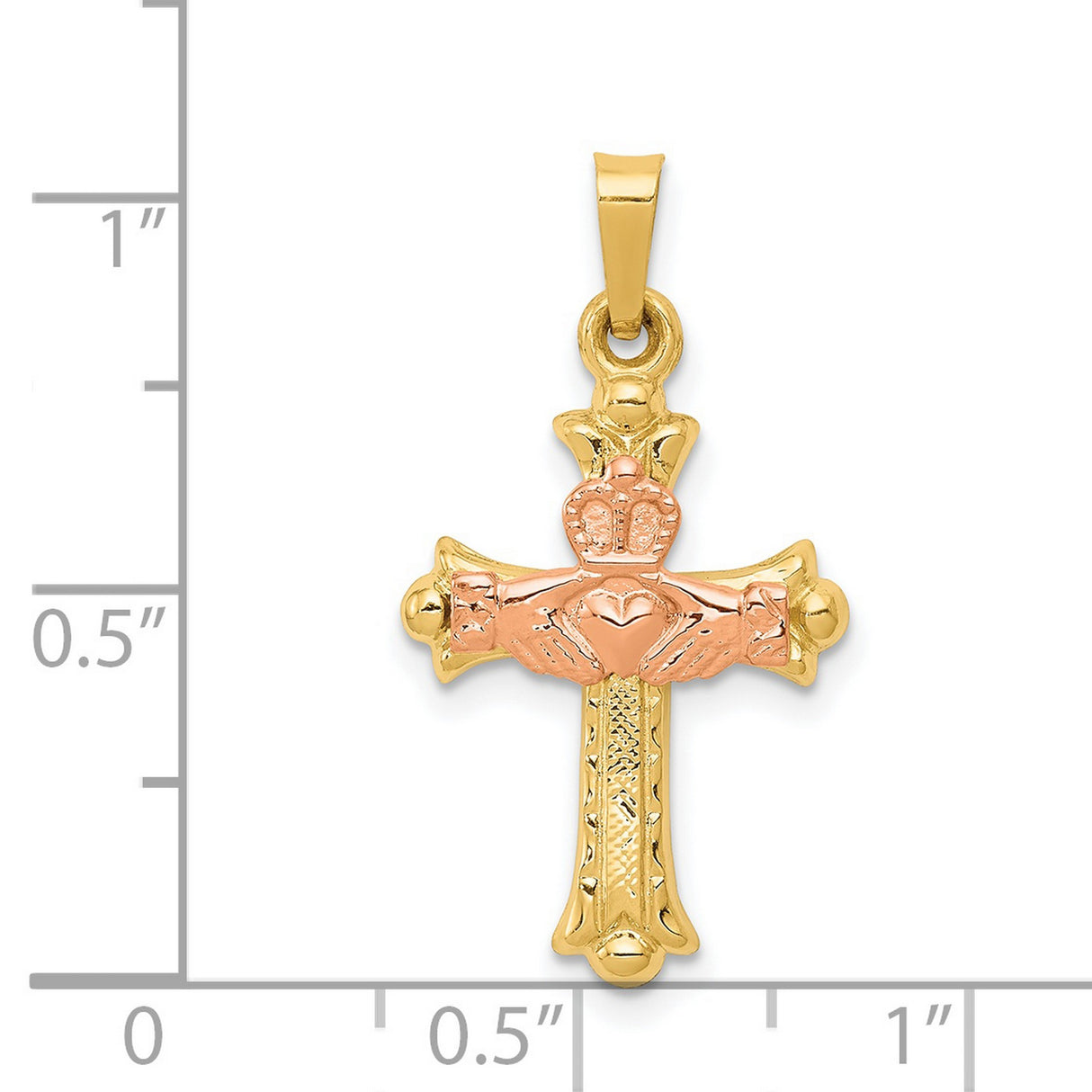 Hollow Patonce Cross With Rose Gold Claddagh Symbol Charm Pendant in Real 14k Multi-Tone Gold