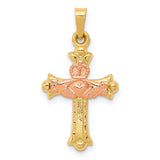 Hollow Patonce Cross With Rose Gold Claddagh Symbol Charm Pendant in Real 14k Multi-Tone Gold