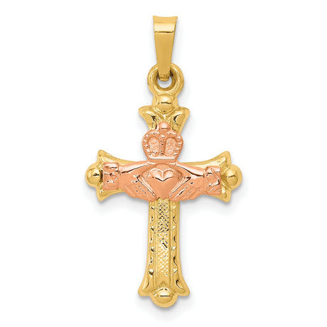 Hollow Patonce Cross With Rose Gold Claddagh Symbol Charm Pendant in Real 14k Multi-Tone Gold