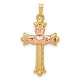 Claddagh Symbol Hollow Yellow Gold Patonce Cross Charm Pendant in Real 14k Multi-Tone Gold