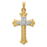 Hollow Patonce Cross With White Gold Claddagh Symbol Charm Pendant in Real 14k Multi-Tone Gold