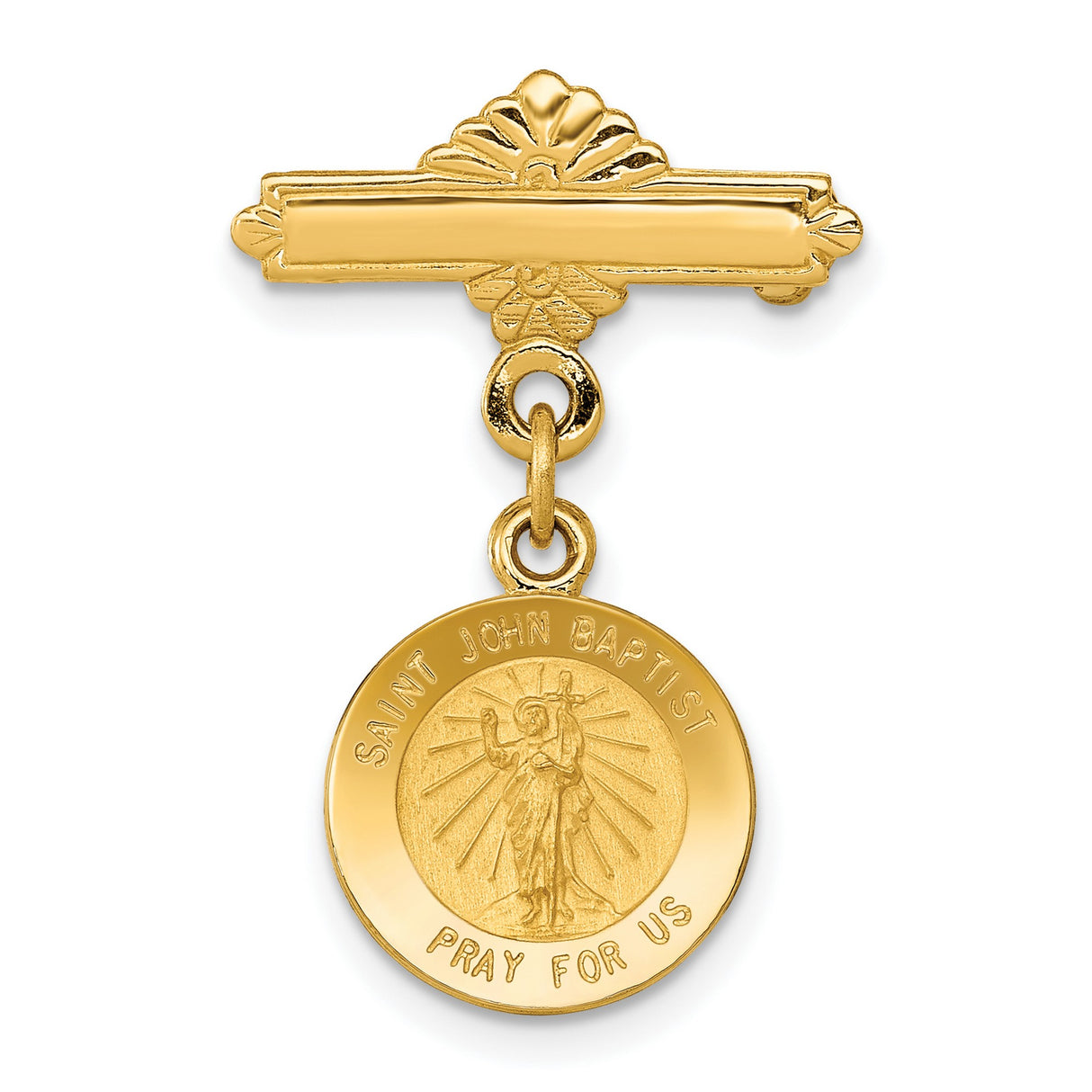 Saint John The Baptist Pray For Us Words Round Medal Pin Charm Pendant in Real 14k Yellow Gold