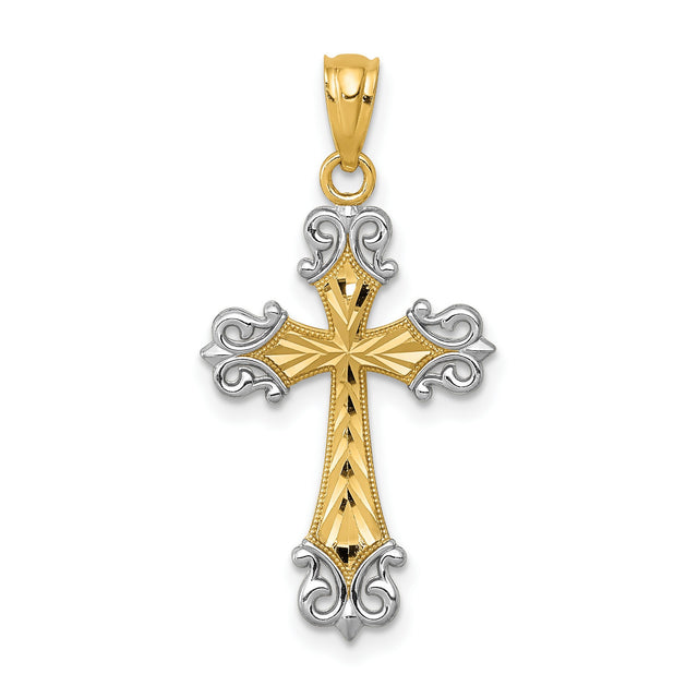 Diamond-Cut Fleur De Lis Cross Charm Pendant in Real 14k Multi-Tone Gold