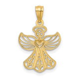 Angel With Heart And Filigree Rhodium Accented Wings Charm Pendant in Real 14k Multi-Tone Gold