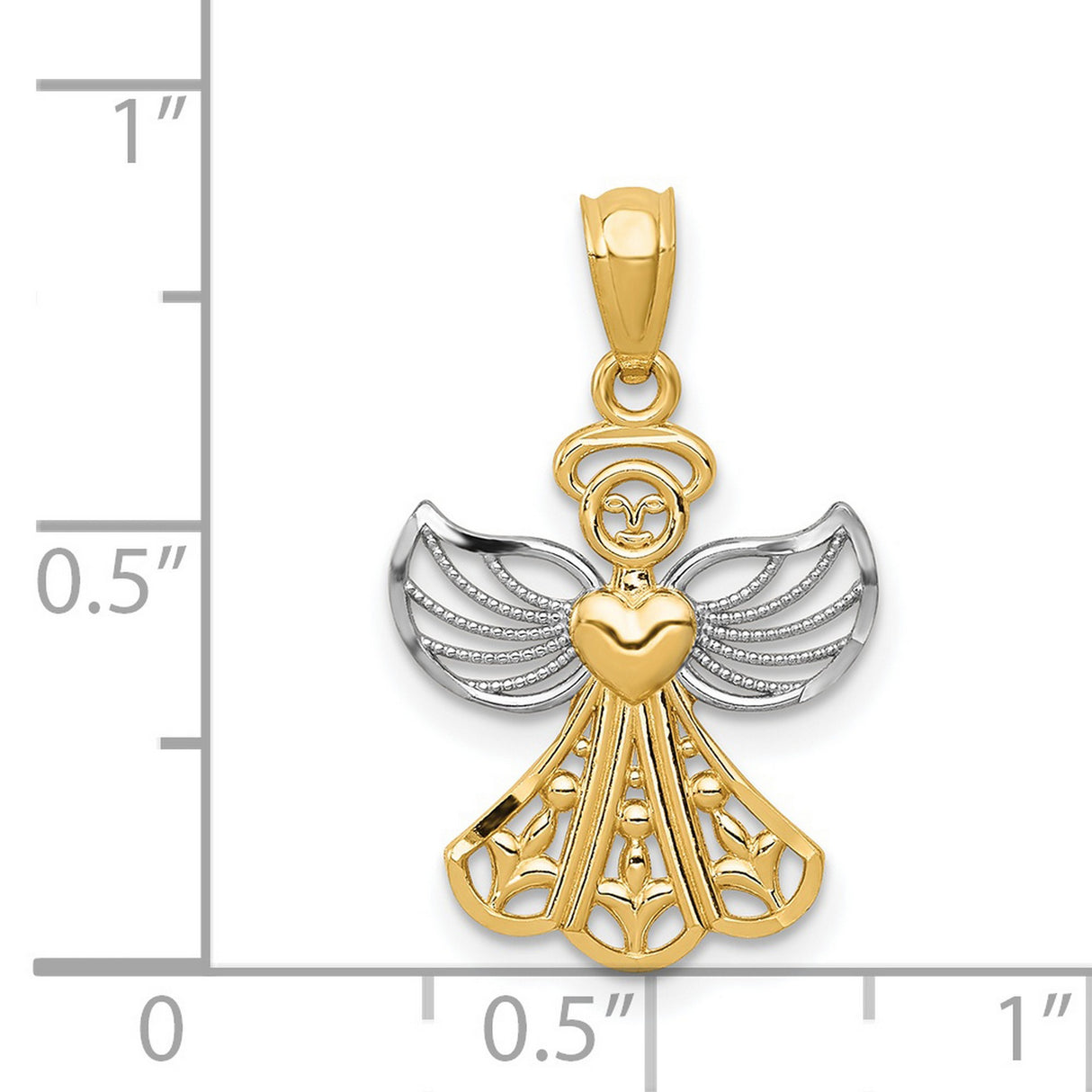 Angel With Heart And Filigree Rhodium Accented Wings Charm Pendant in Real 14k Multi-Tone Gold