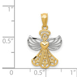 Angel With Heart And Filigree Rhodium Accented Wings Charm Pendant in Real 14k Multi-Tone Gold