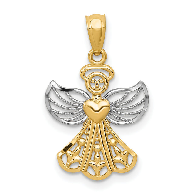 Angel With Heart And Filigree Rhodium Accented Wings Charm Pendant in Real 14k Multi-Tone Gold