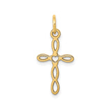 14k Yellow Gold Cross Pendant with Heart Center, Open Loop Design, Latin Christian Symbol for Women